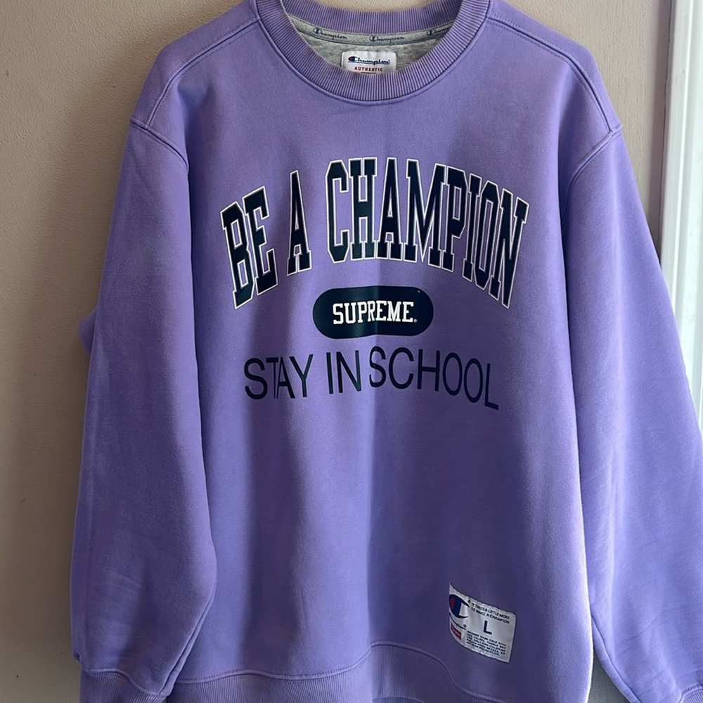 SUPREME X CHAMPION STAY IN SCHOOL SWEATSHIRT PURPLE SIZE LARGE